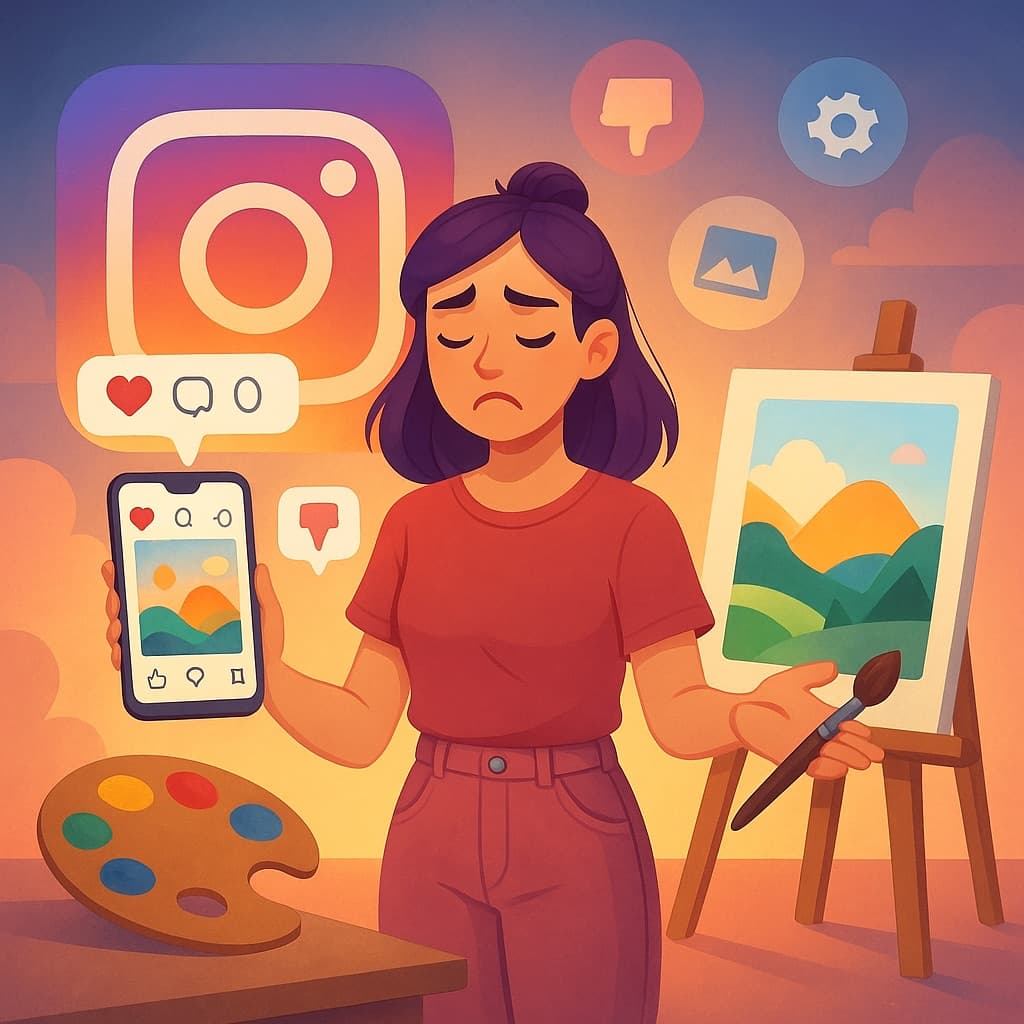 Artist reviewing Instagram feed on a phone next to wall art shown in a styled room mockup