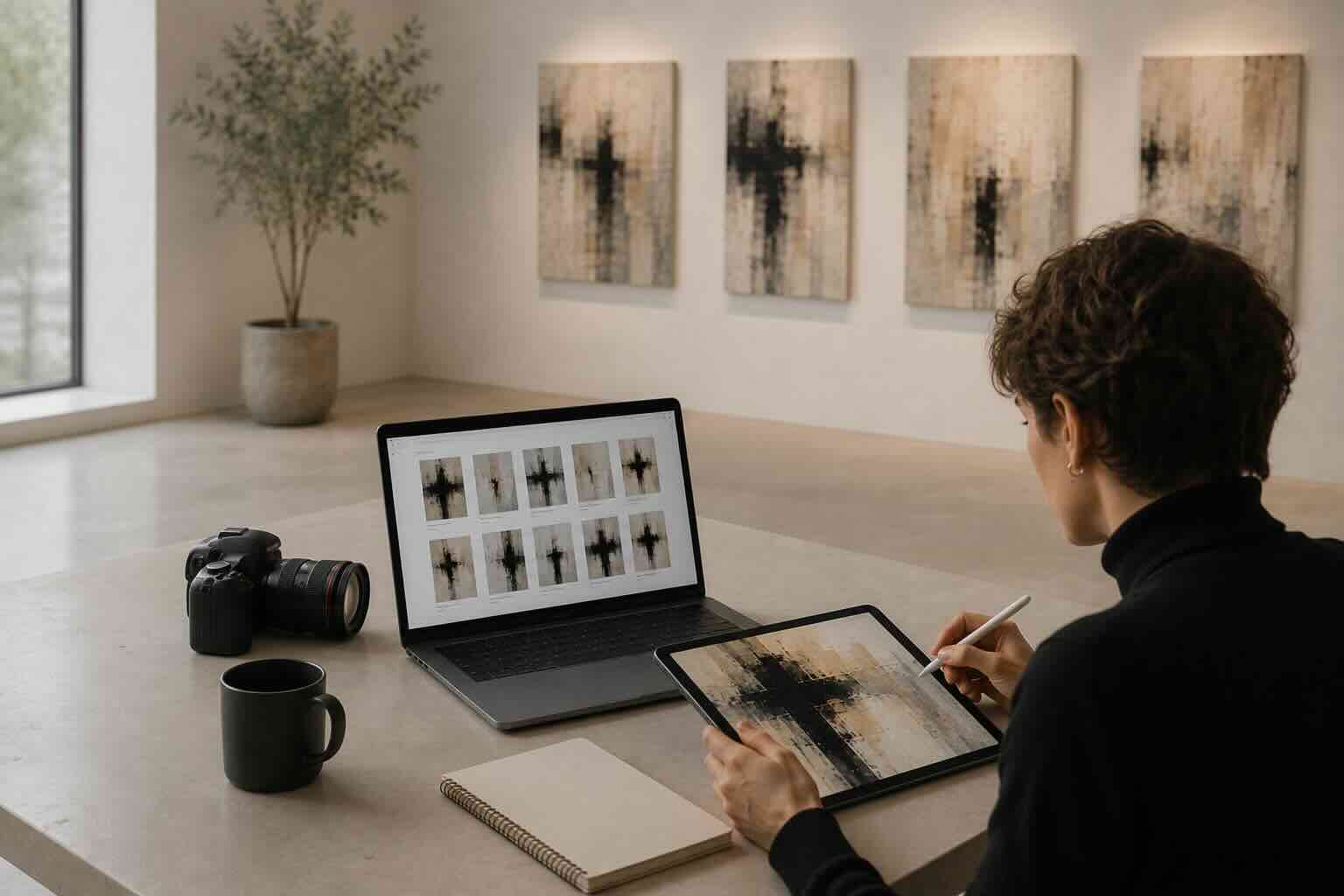 Gallery marketer reviewing a laptop grid of room mockups with large originals on the wall behind