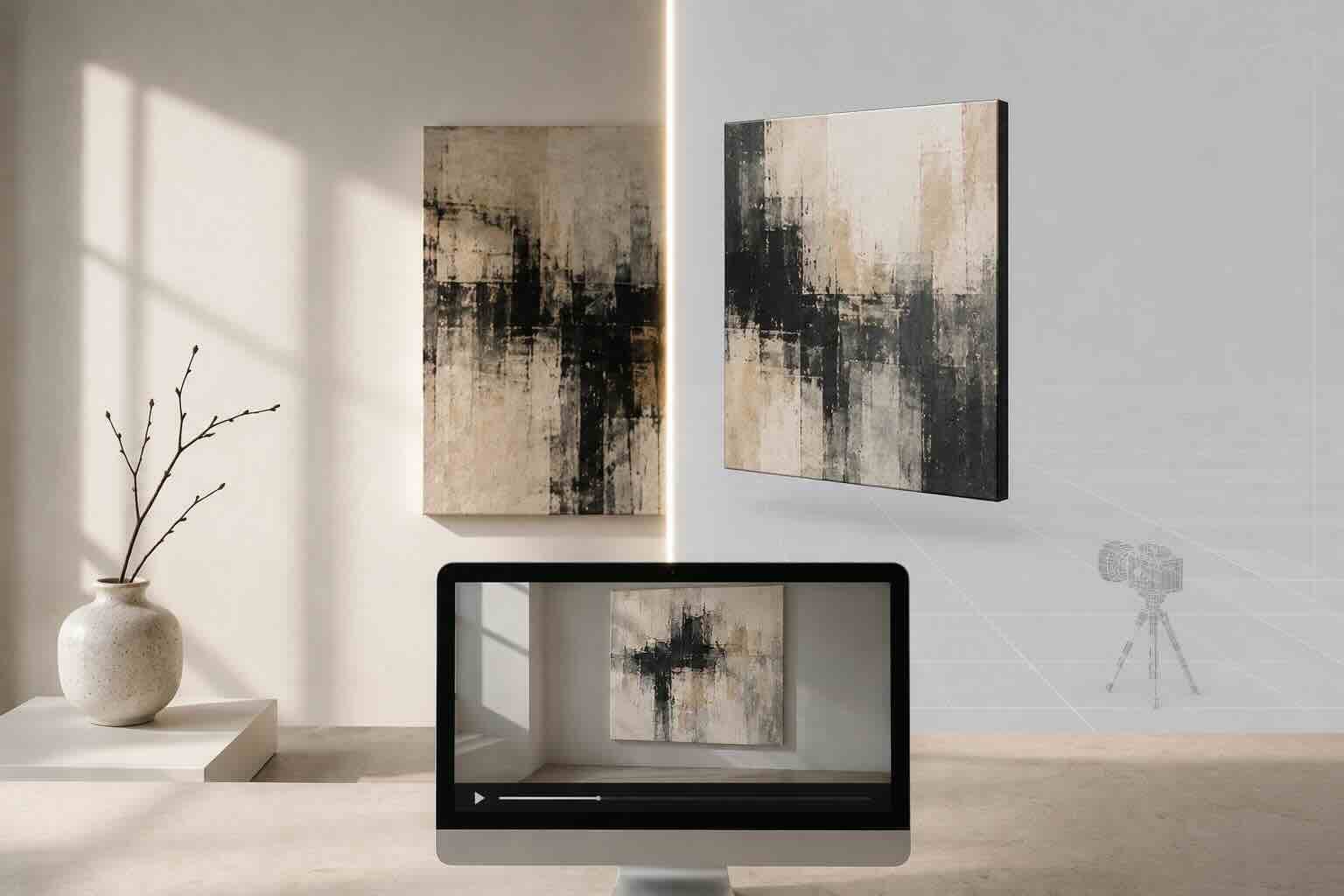 Art video mockup generator comparison: photoreal CGI room on the left and digital 3D animation workspace on the right, with the finished cinematic mockup playing on a monitor
