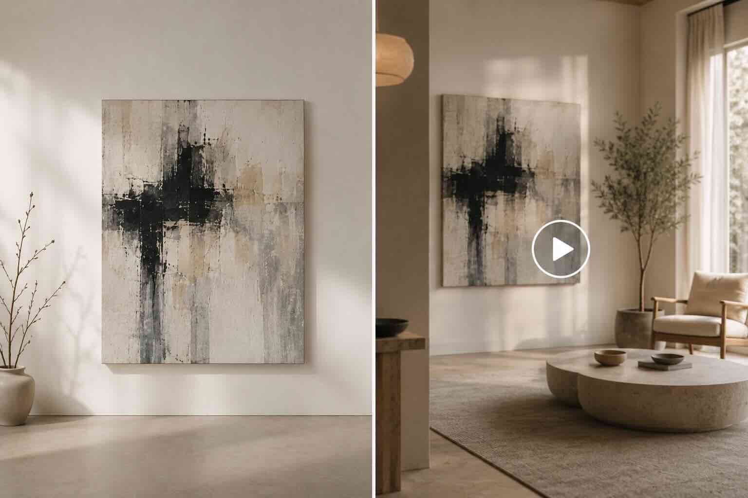 Split: static gallery product photo of a large abstract painting versus the same work as a cinematic room reel in a furnished interior