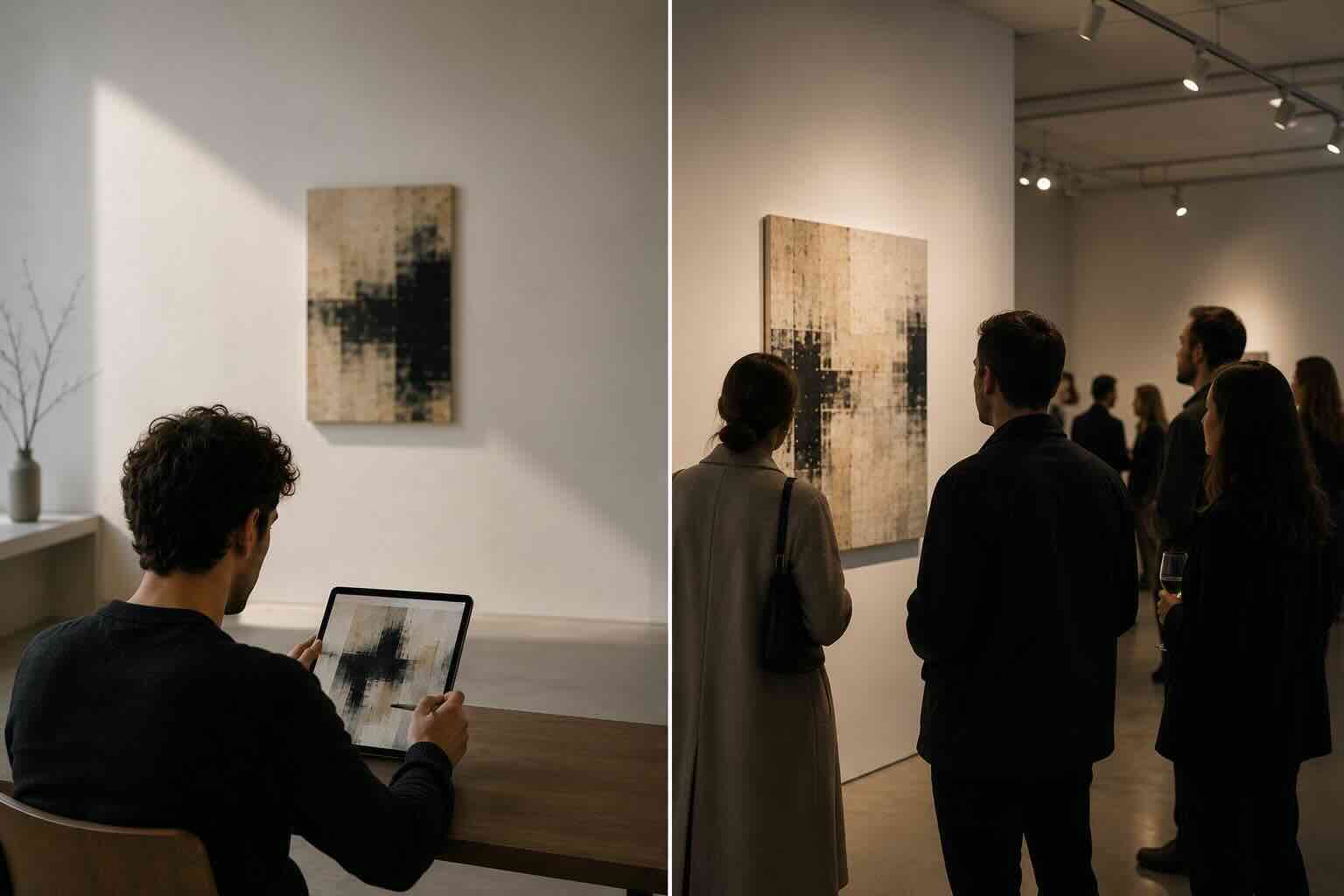 Split: catalogue prep on a tablet versus the same work at a crowded gallery opening