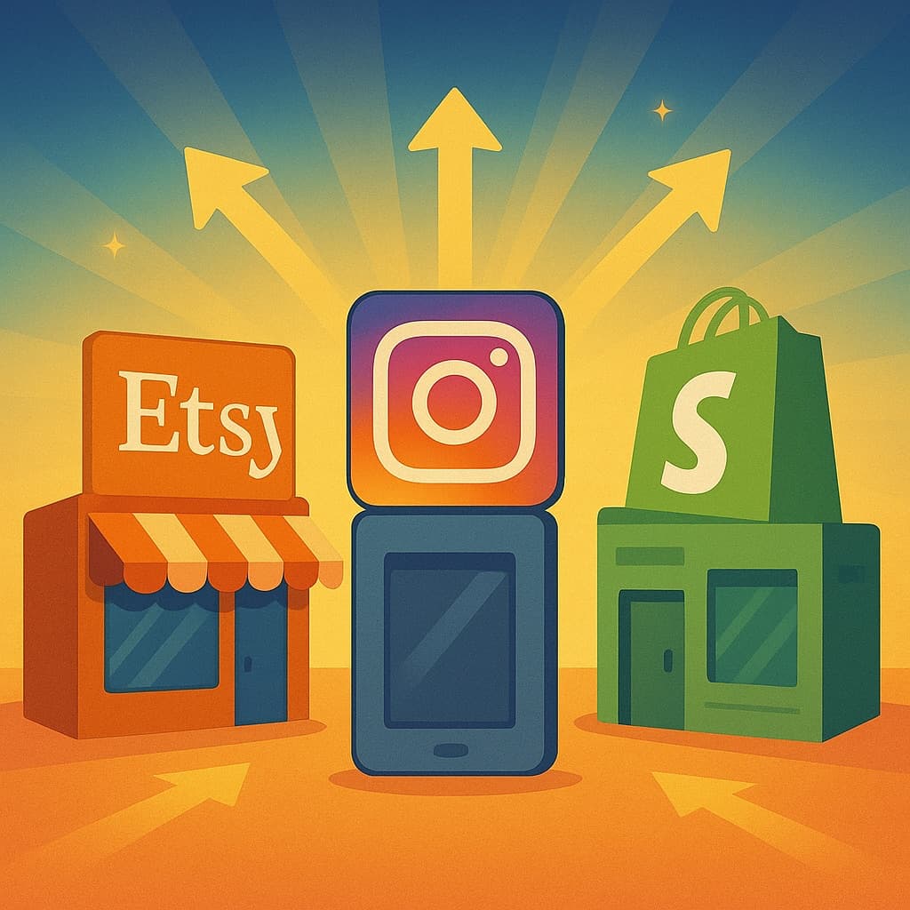 A vibrant image of Etsy vs Instagram vs Shopify: Where Should Artists Sell? (2025 Guide)