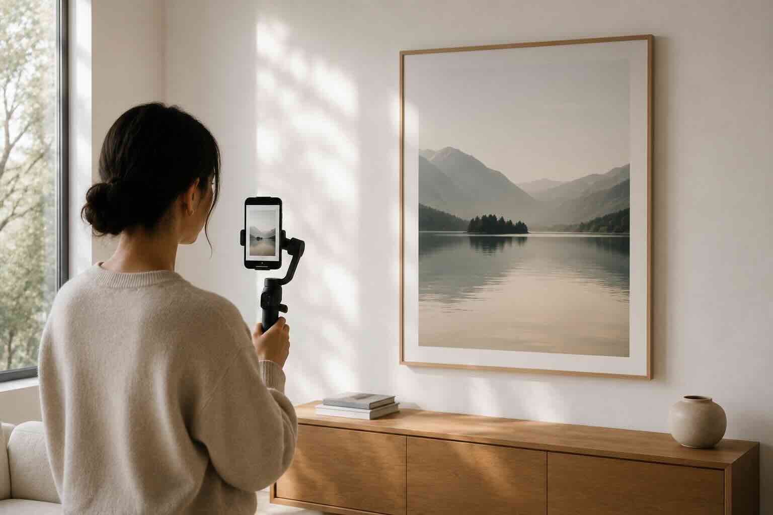 Filming a framed fine-art print on a living-room wall for hero-SKU room video