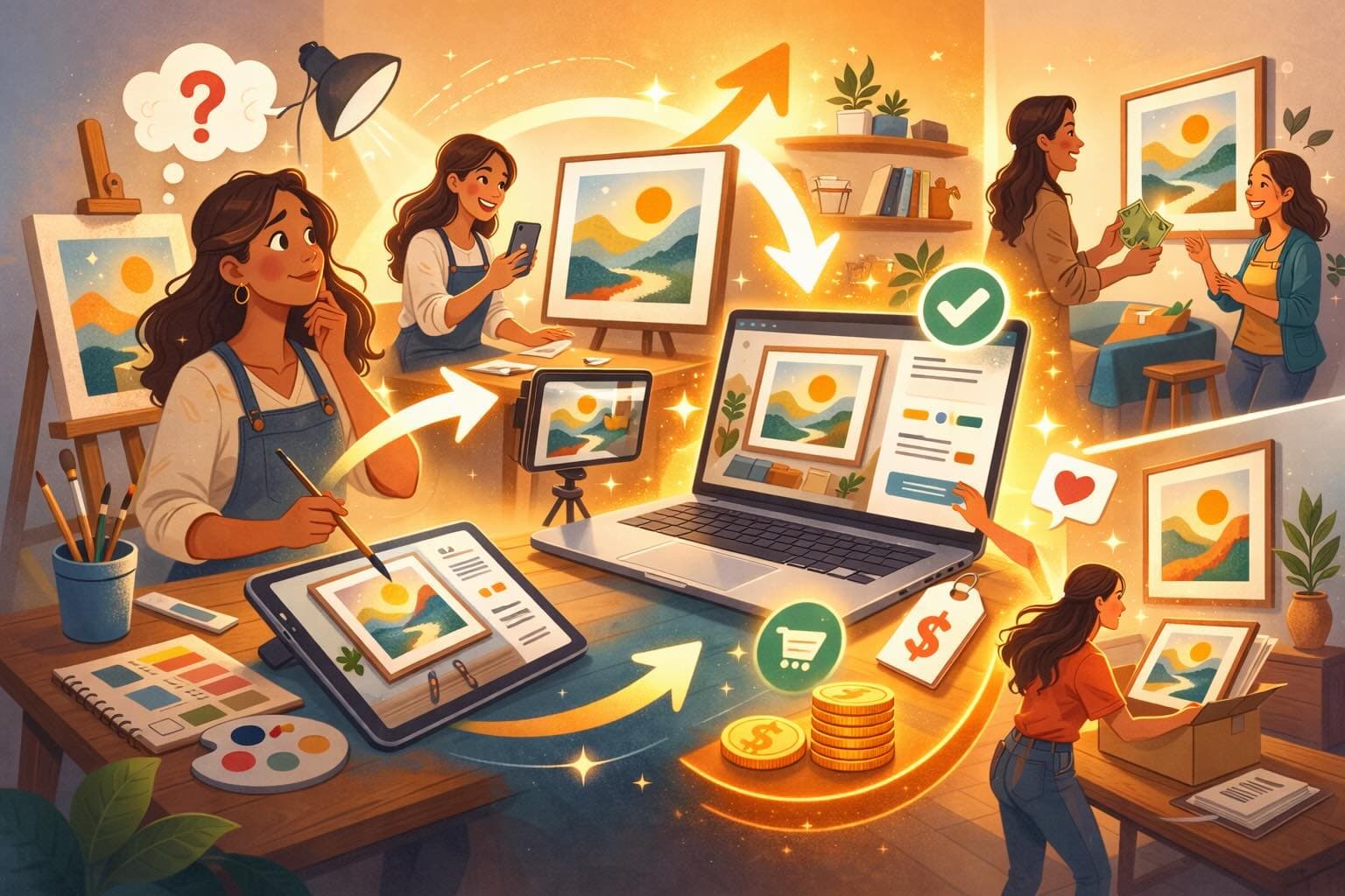 How can I sell my art, artist holding finished painting with mockup visible on phone