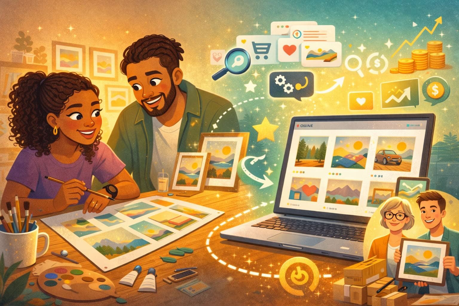 How to build an art portfolio online, laptop showing artist portfolio page with room mockups