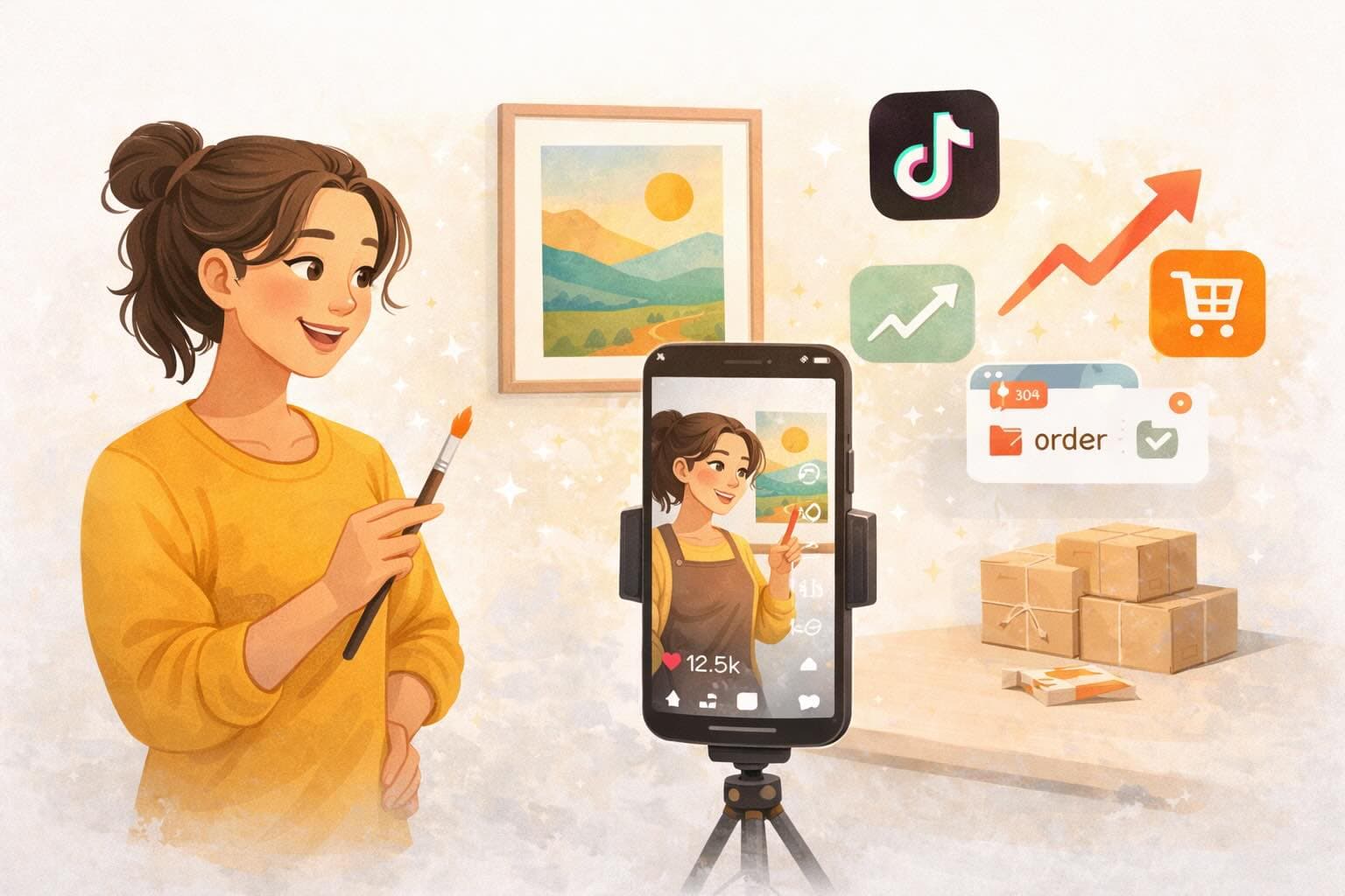 Artist using TikTok to sell art with cinematic room mockup videos