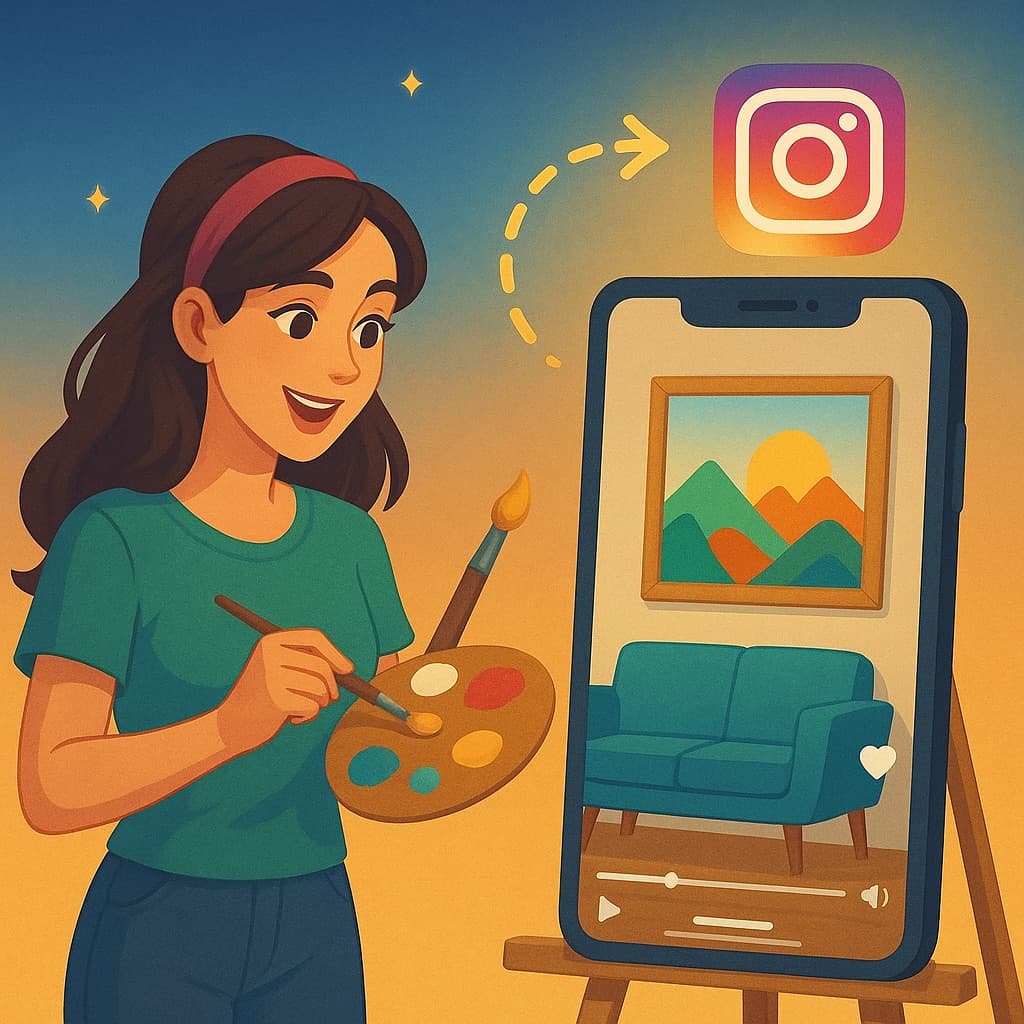 Artist Instagram Reel showing wall art in a styled room with a clear shop call to action