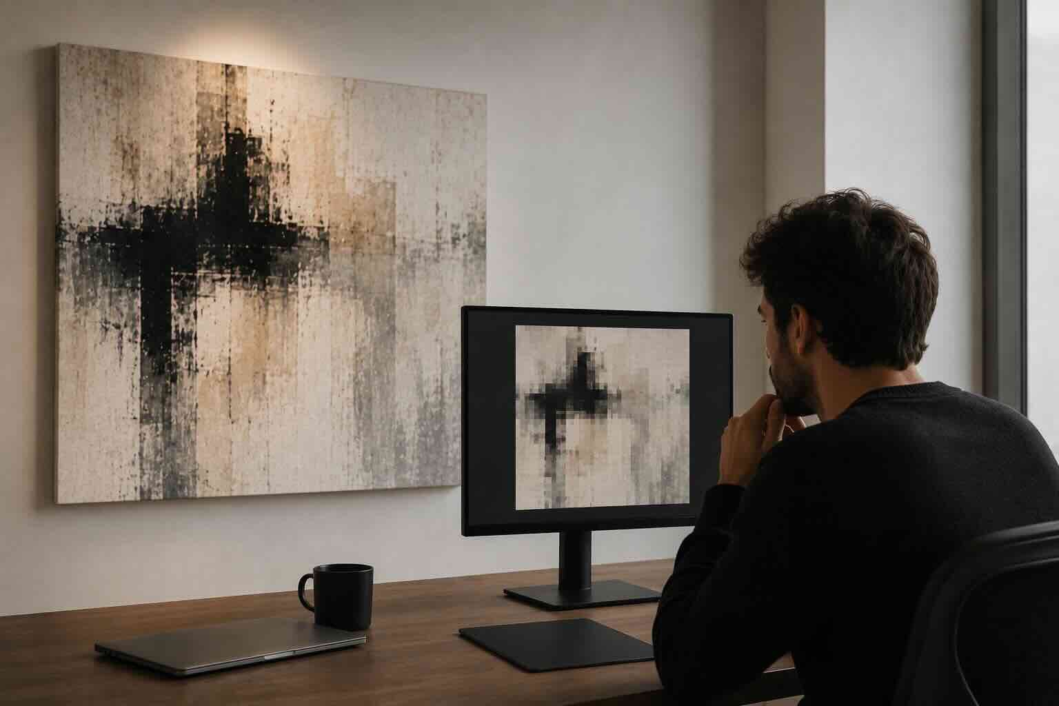 Large textured painting on a studio wall versus the same work as a pixelated flat photo on a computer monitor