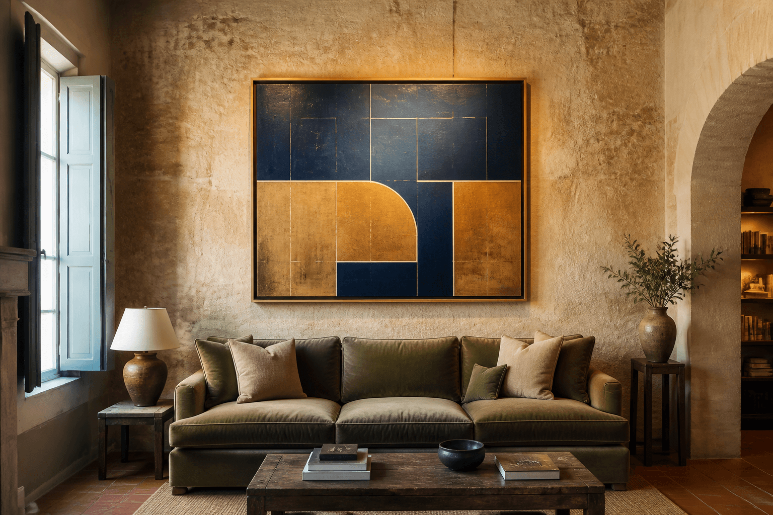MOCKLIO original screenshot 2026: photoreal Mediterranean stone study wall art mockup with framed painting above a sofa