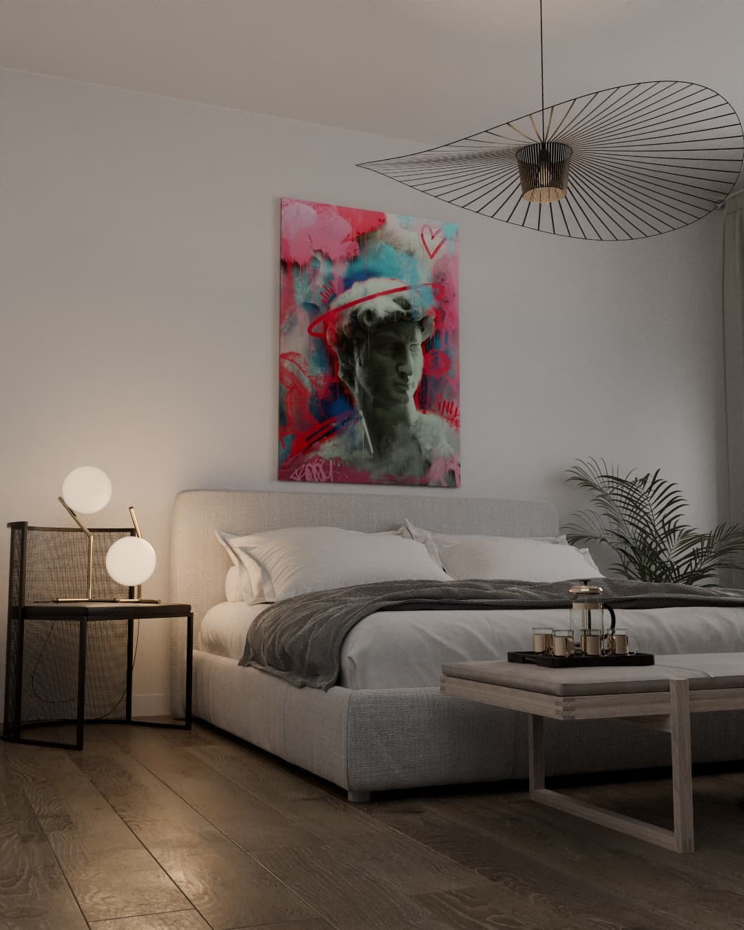Art mockup in minimalist bedroom — Etsy listing photo