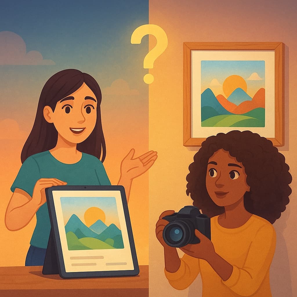 Side-by-side comparison of a wall art room mockup and a real studio photograph of the same artwork