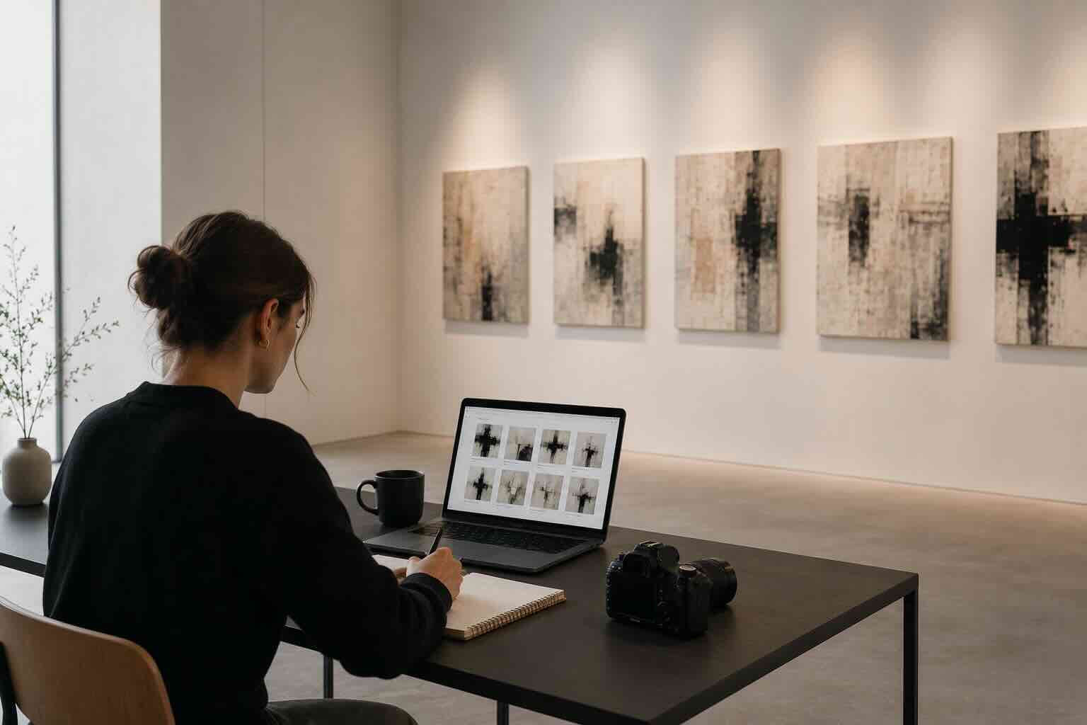 Gallery marketer documenting a 50-work exhibition with laptop, camera, and wall of abstracts