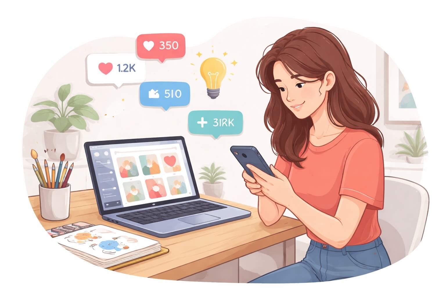 Artist growing on social media in 2026 using tools like MOCKLIO, KOPY, and Canva