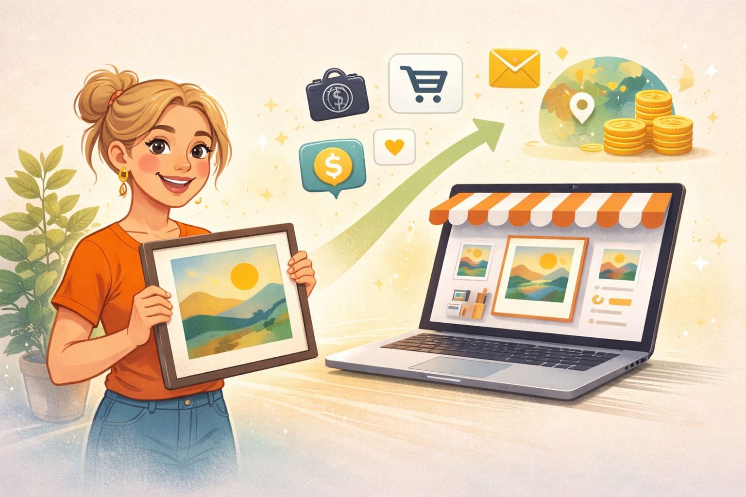 How to sell artwork online, artist workspace with mockup on phone and Etsy shop on laptop