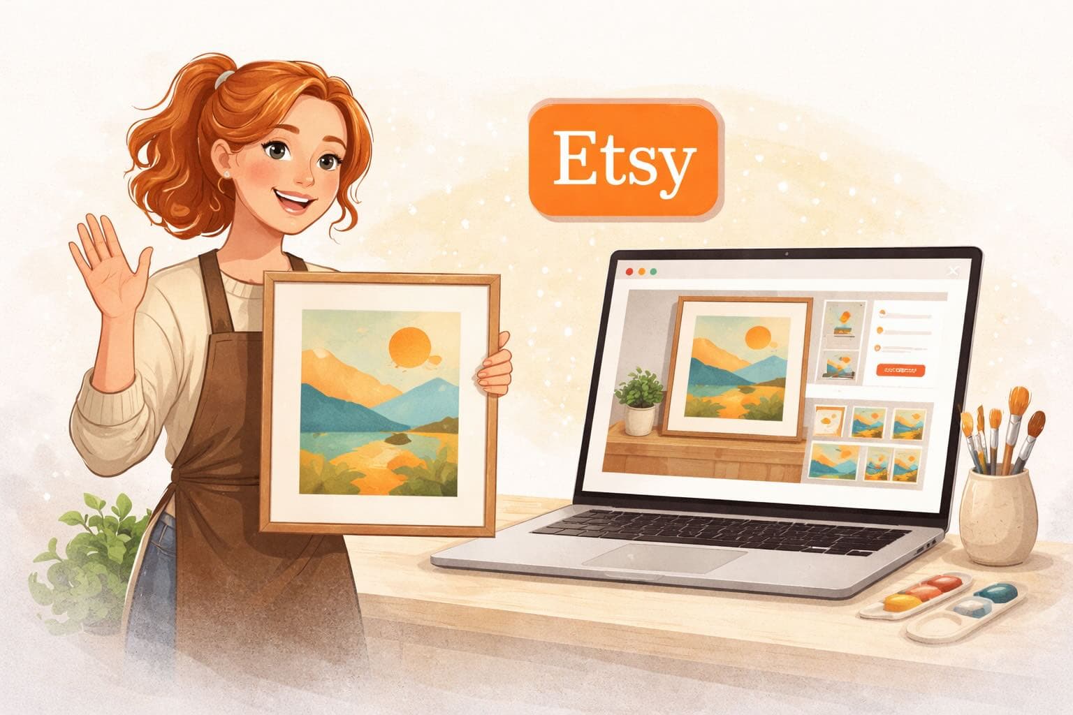 Artist setting up Etsy shop with professional art mockup listing photos