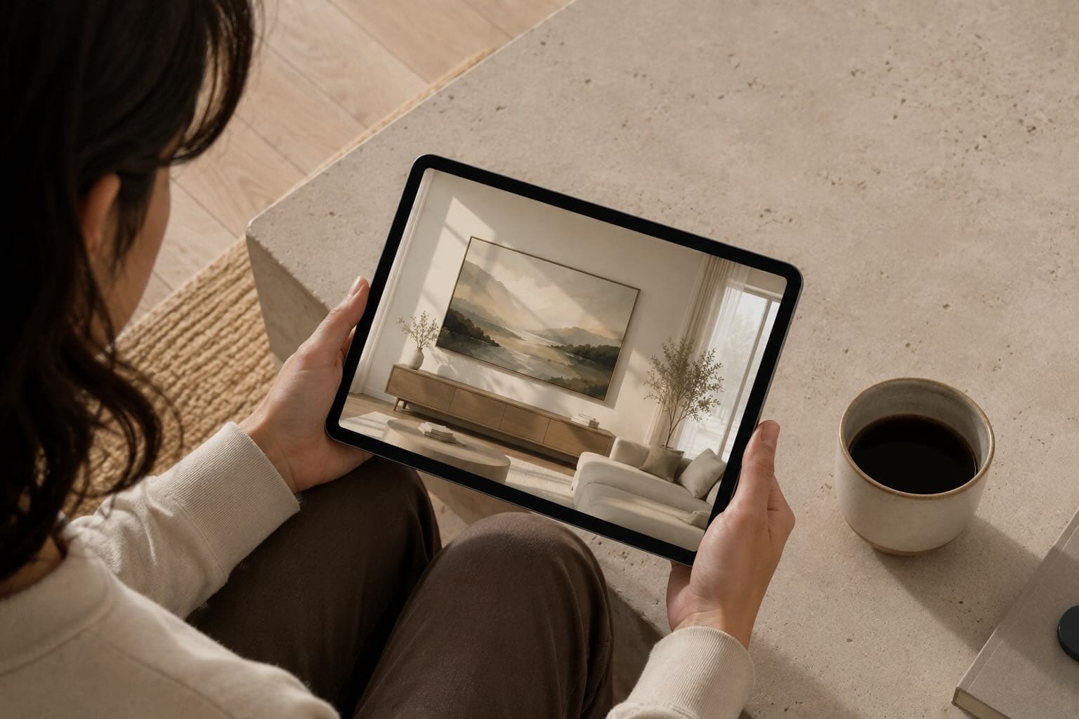 Video mockup of artwork in a styled room with cinematic camera movement