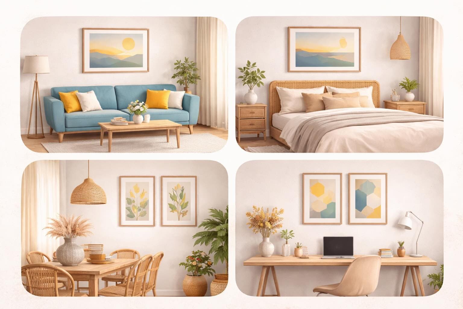 Wall art mockup showing different room scenes for different art styles