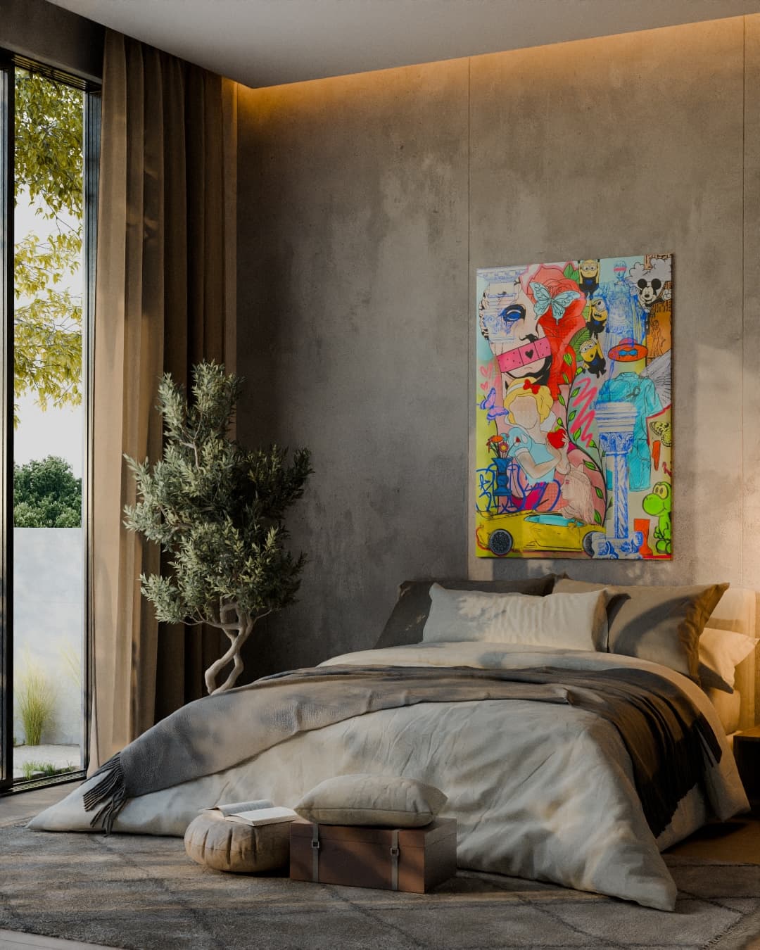 Cinematic art video scene — minimalist concrete bedroom